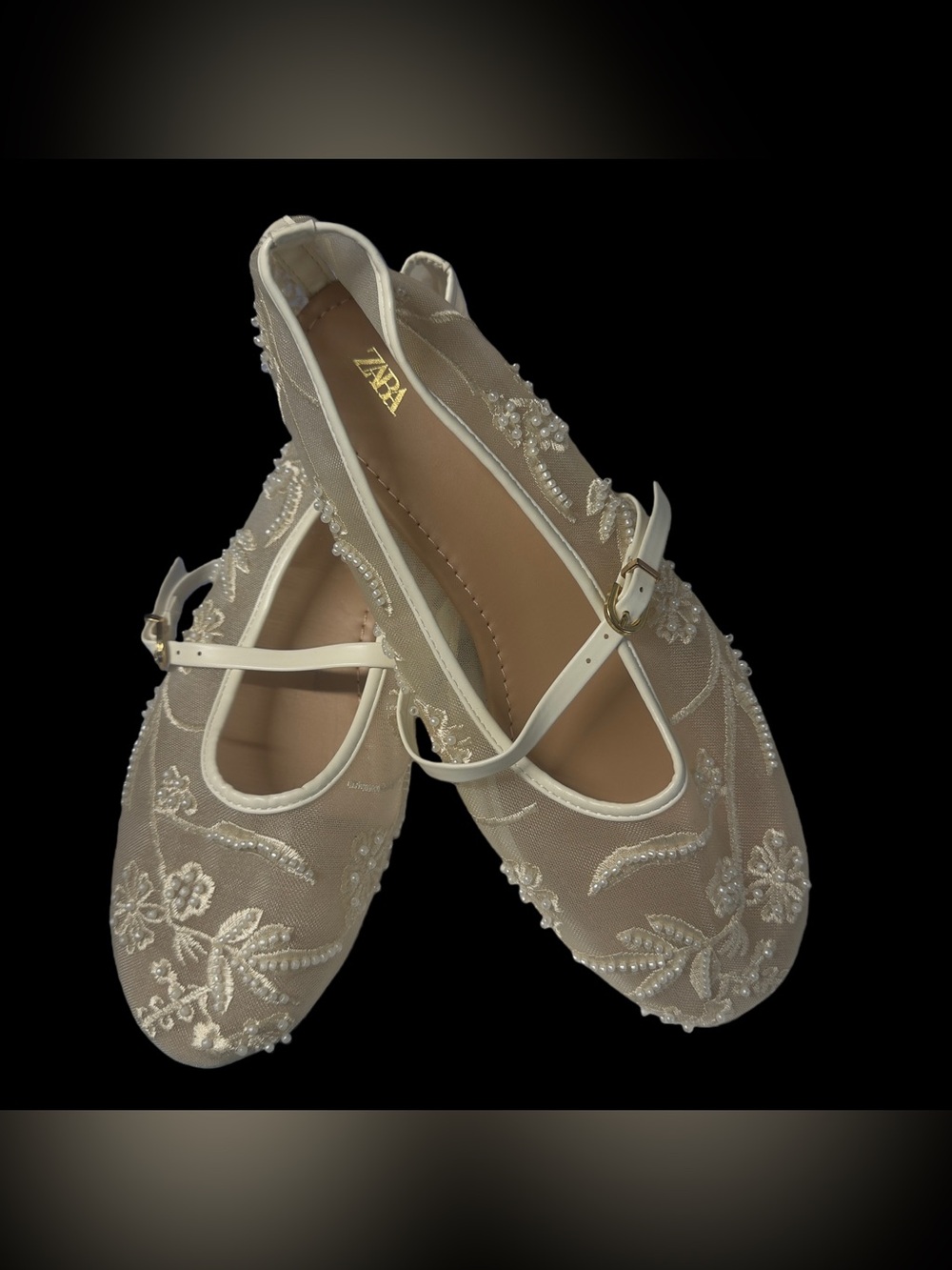 Zara Beige Embroidered Mary Jane Flats with Pearl Detail